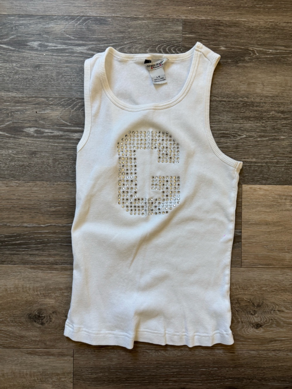 Guess White Tank Top with Rhinestone G Logo Y2K
